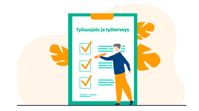 Kuvitus tekstillä työsuojelu ja työterveys.